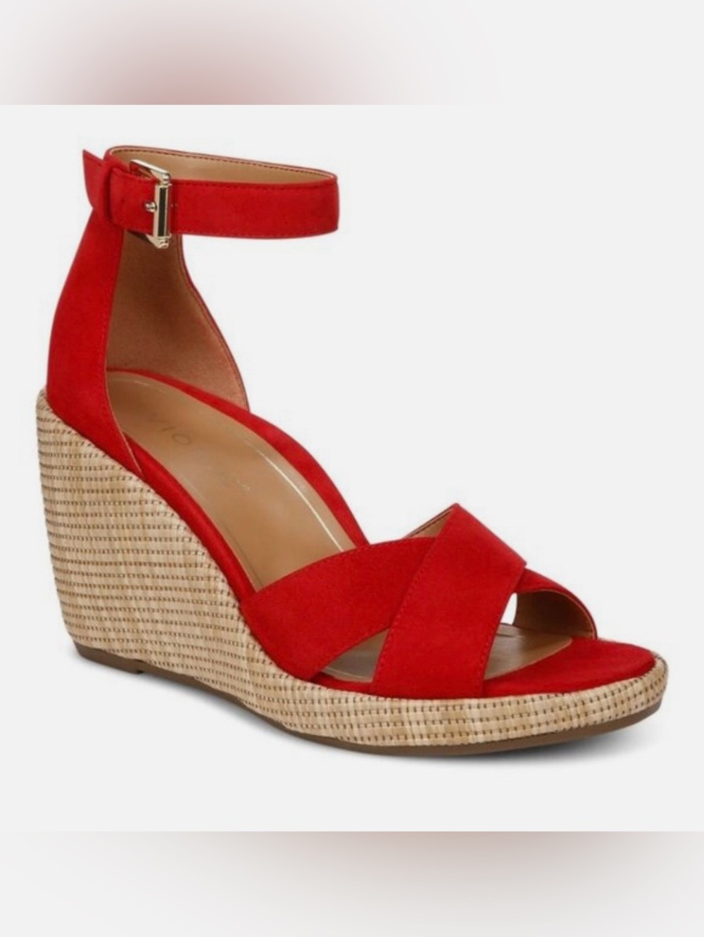 Vionic New Red Suede Crisscross Ankle-Strap Wedge Sandals